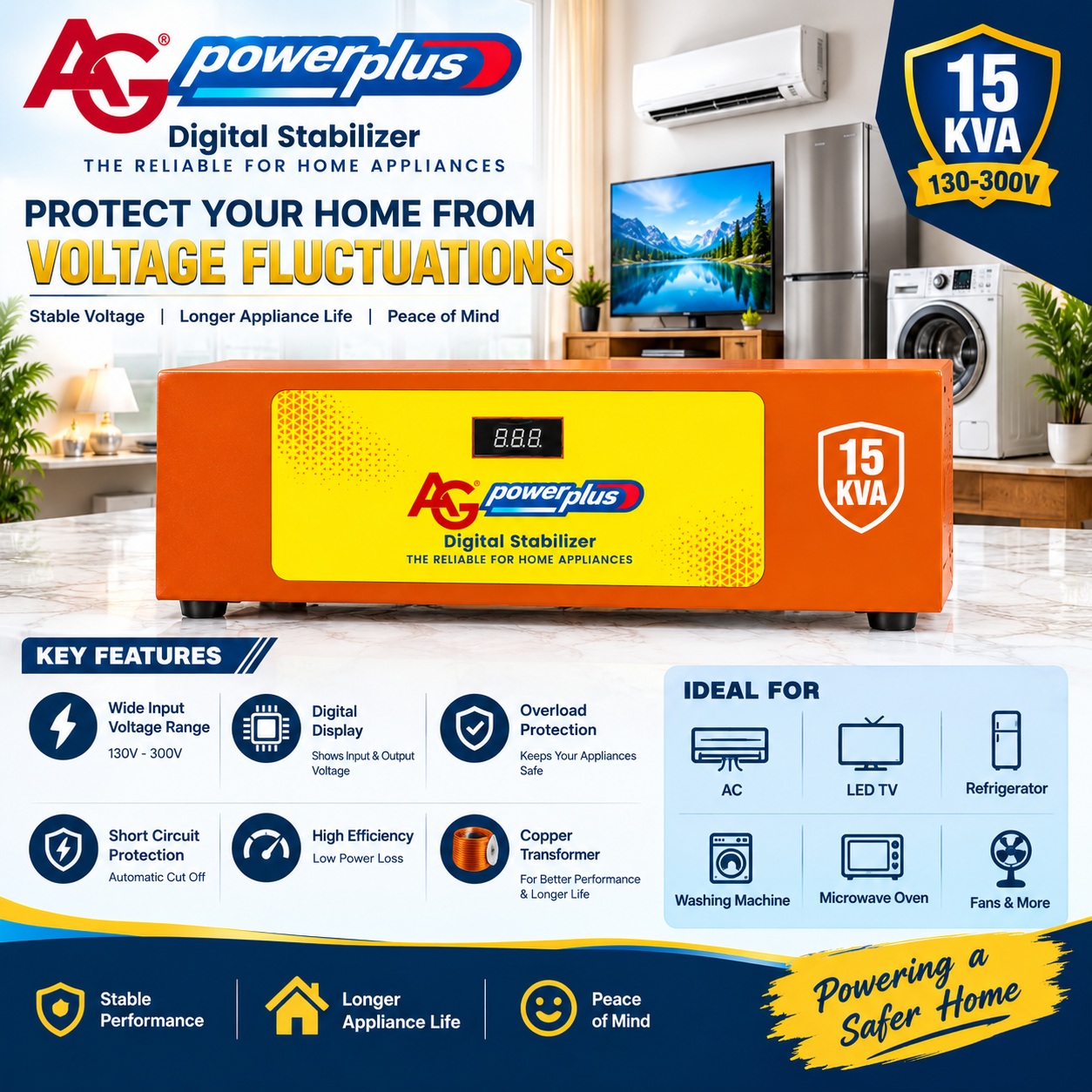 AG Power Plus 15kVA Mainline Voltage Stabilizer (130V–300V) Full Copper Wire